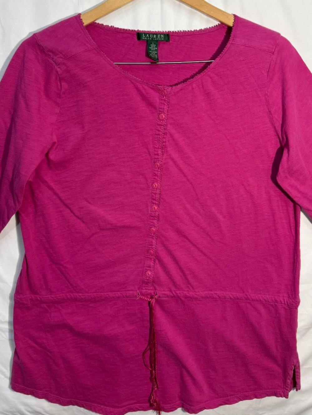 auren Ralph Lauren Womens L Pink Cotton Drawstring 3/4 Sleeve Tunic Top